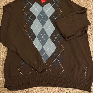 Vans Men's Brown and Blue Argyle V-Neck Sweater